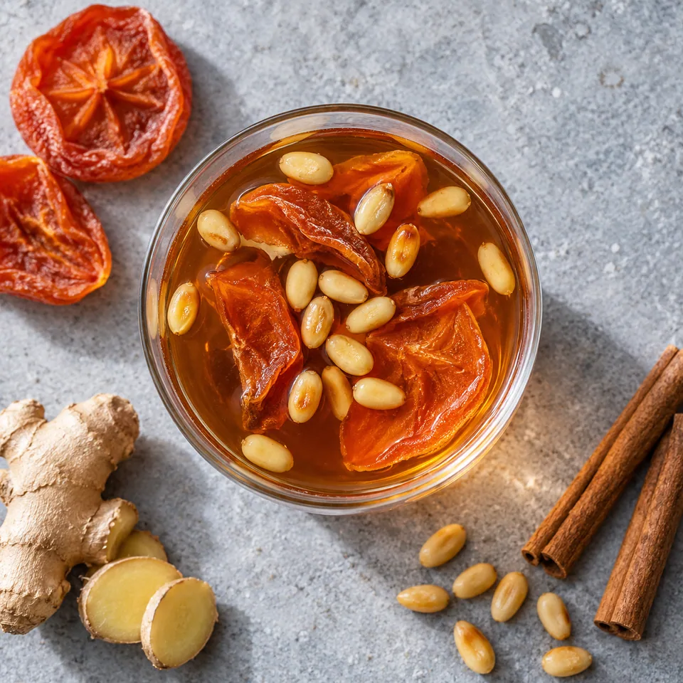 Sujeonggwa à la cannelle et au gingembre dans un verre transparent, garni de kaki séché et pignons de pin.