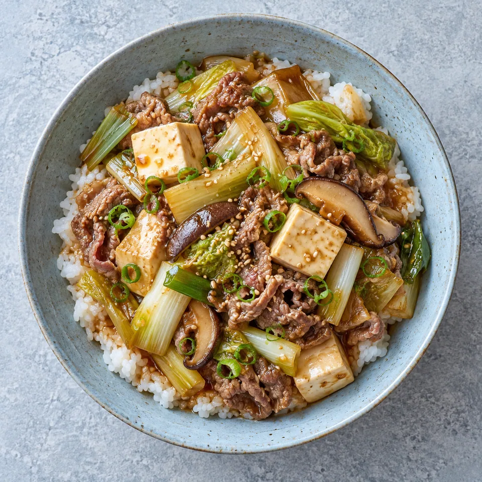 Sukiyaki express au bœuf servi sur riz dans une assiette creuse bleu-gris, avec tofu, poireaux et champignons.