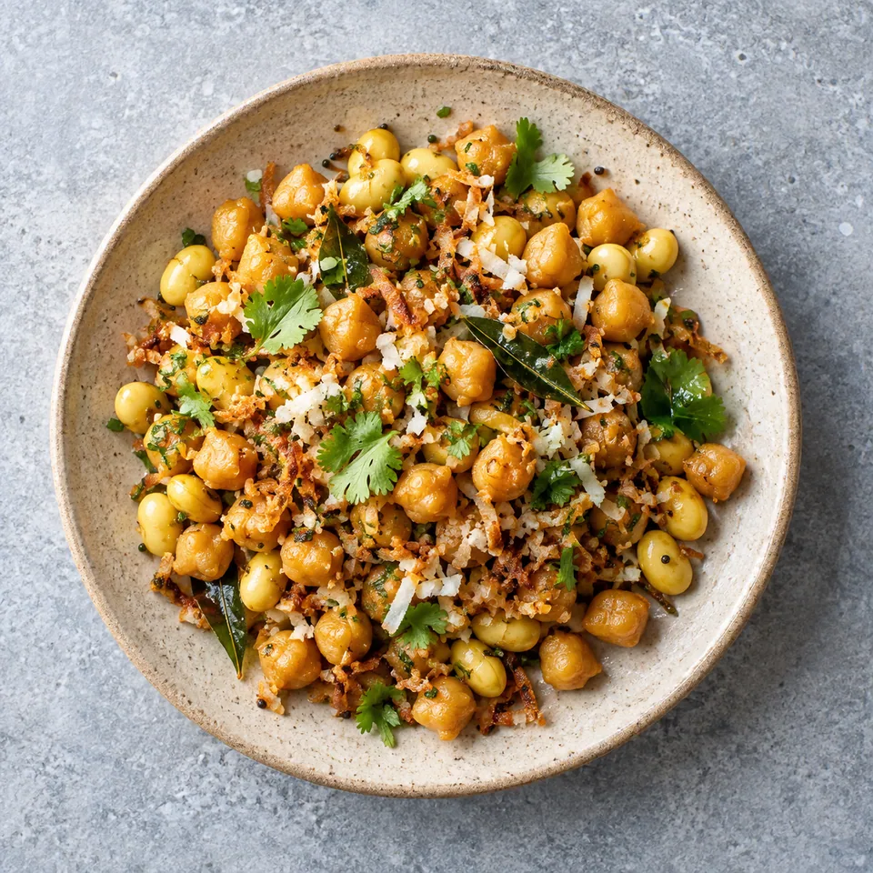 Sundal de pois chiches à la coco : pois chiches et fèves sautés avec coco dorée et coriandre fraîche sur assiette beige.