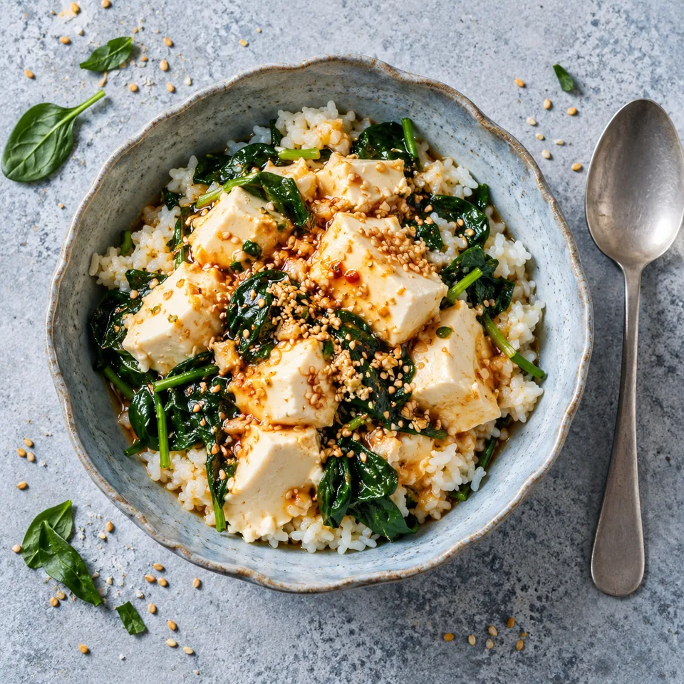 Bol en grès bleu-gris contenant du riz, des épinards verts, du tofu blanc et des graines de sésame dorées.