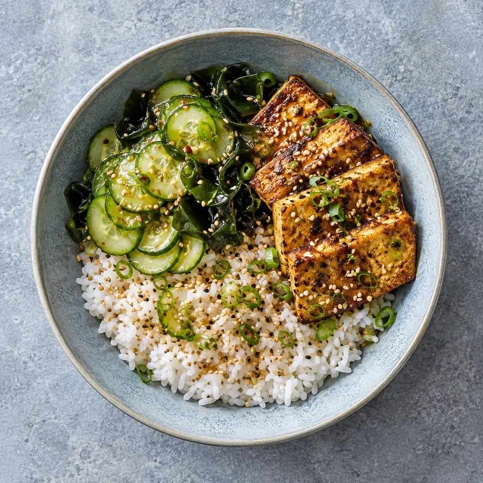 Sunomono, tofu grillé et riz au sésame : riz, tofu doré, concombre et wakame dans une assiette bleue.