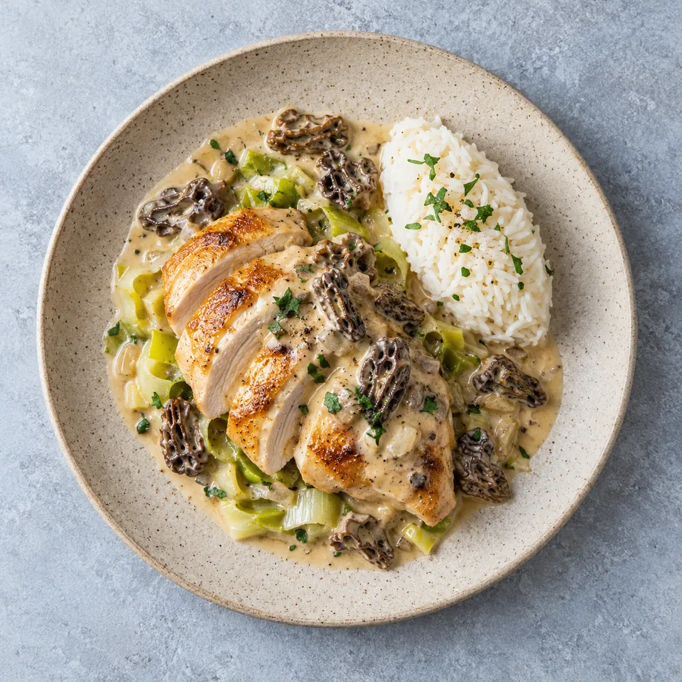 Suprêmes de volaille aux morilles et à la crème sur poireaux fondus avec riz basmati, servis sur une assiette en grès beige.