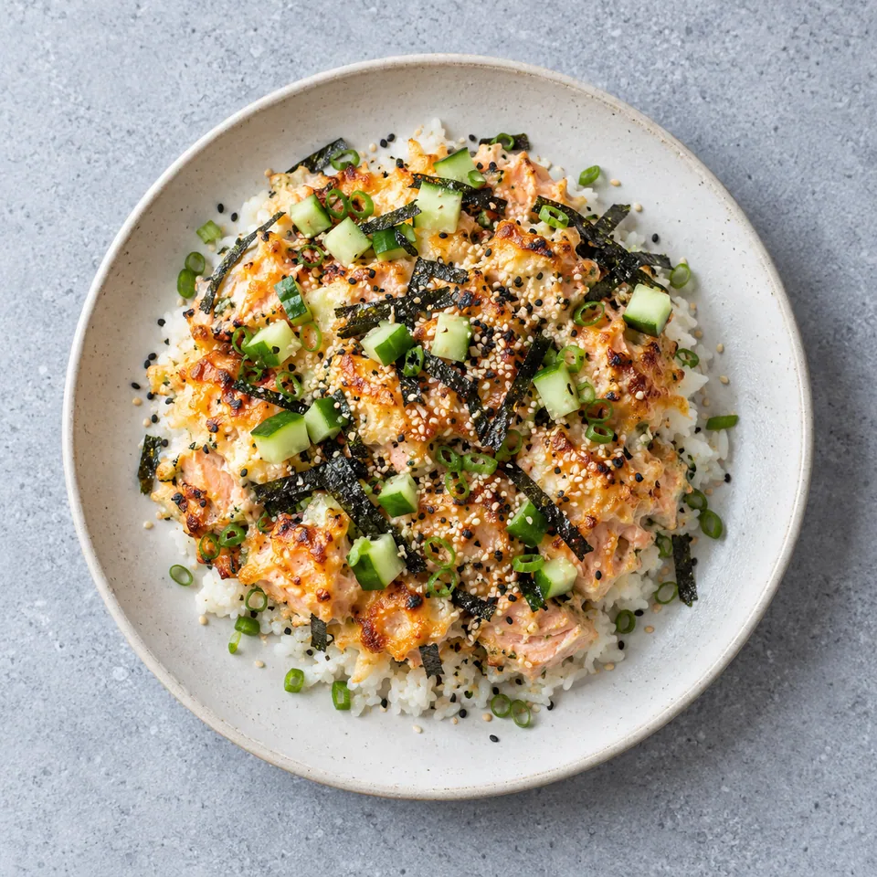 Portion de sushi bake au saumon sur riz, garnie de dés de concombre, sésame et nori, vue de dessus.