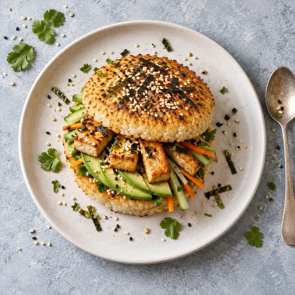 Sushi burger au tofu doré : galette de riz dorée, tofu croustillant, avocat, concombre, carotte et sésame sur assiette blanche.