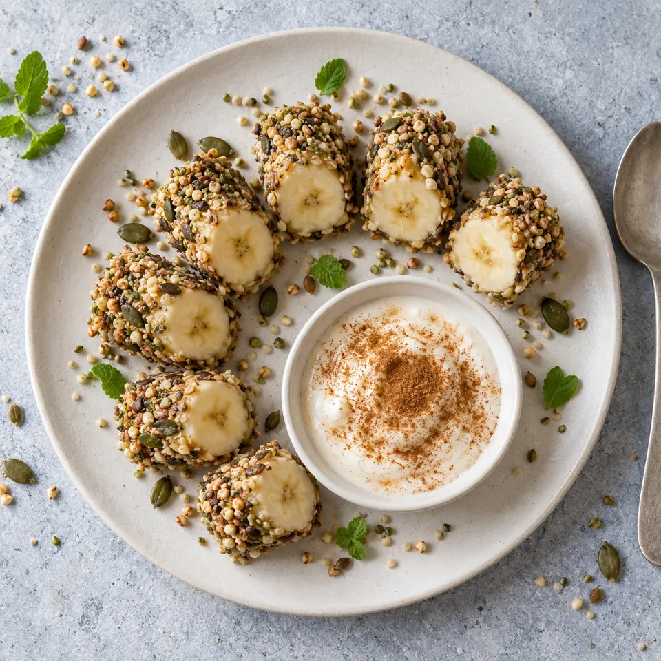 Sushis de banane à la purée de tournesol et graines : tronçons de banane enrobés de graines croustillantes et yaourt de soja à la cannelle.