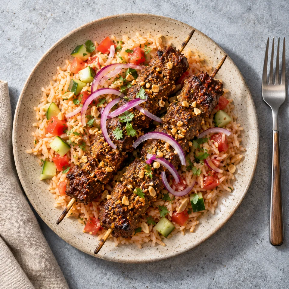 Suya nigérian : riz rosé, dés de tomate/concombre et brochettes de bœuf croustillant à la cacahuète sur oignon rouge.