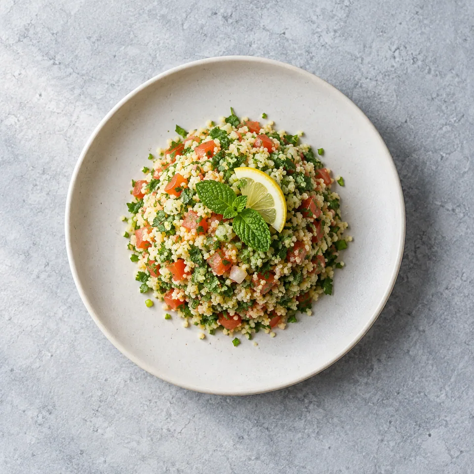 Taboulé au citron et aux herbes : semoule en dôme, dés de tomates rouges et herbes vertes ciselées.