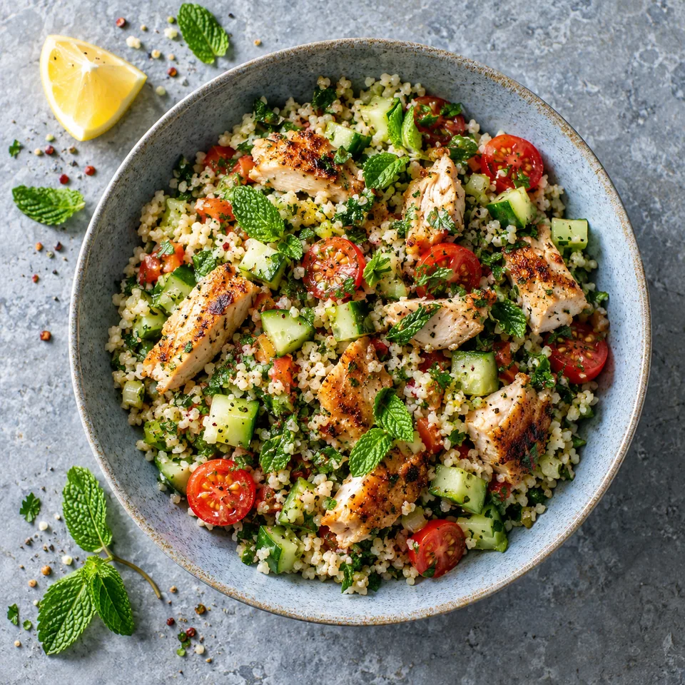 Taboulé au poulet rôti, concombre et menthe servi dans une assiette creuse bleu-gris pâle, avec des tomates cerises et du poulet doré.