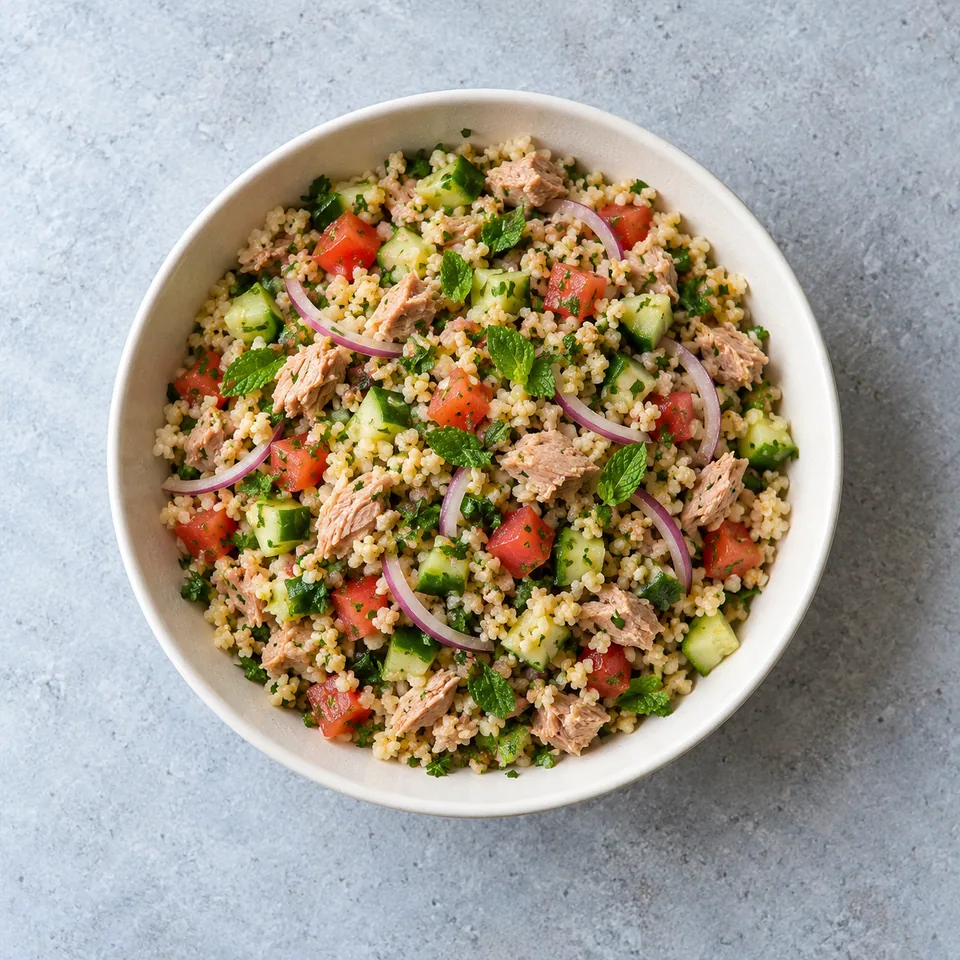 Taboulé de boulgour au thon : boulgour mêlé de thon, dés de tomate et concombre, oignon rouge et herbes vertes.