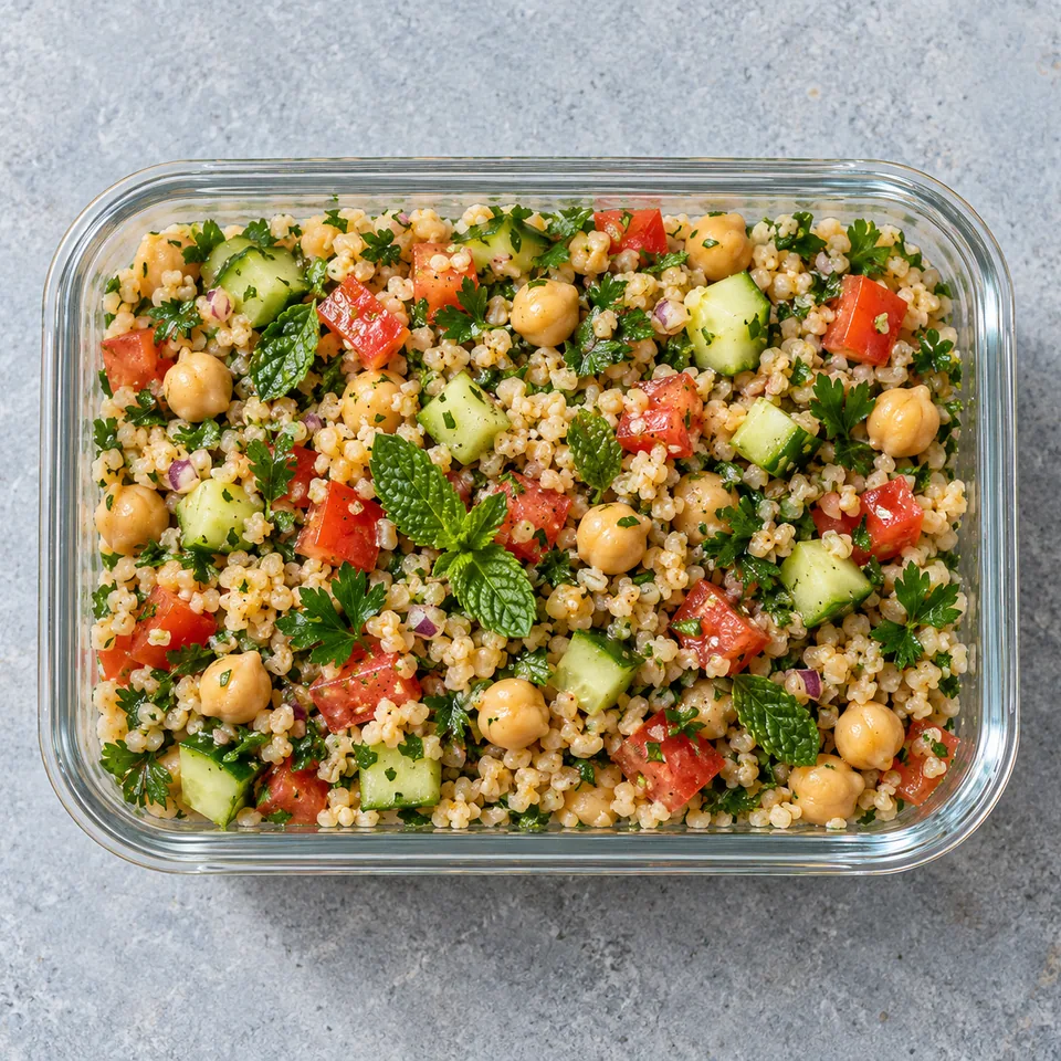 Taboulé de boulgour aux pois chiches et herbes dans un contenant en verre, vue de dessus.