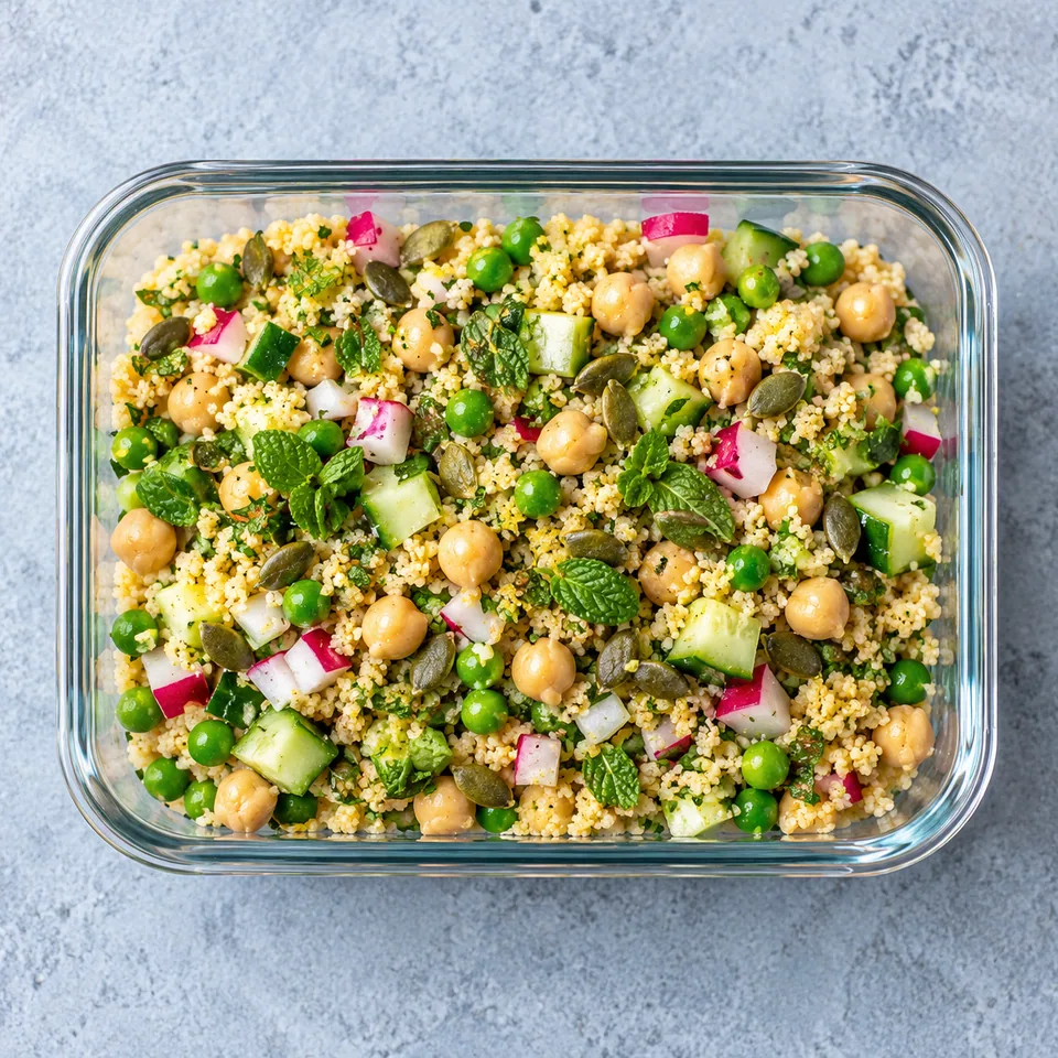 Taboulé printanier aux pois chiches dans un récipient en verre : semoule, légumes verts et roses, herbes et graines.