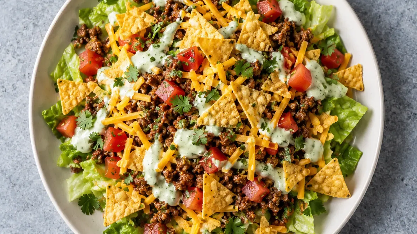 Taco salad au bœuf épicé et chips de tortilla