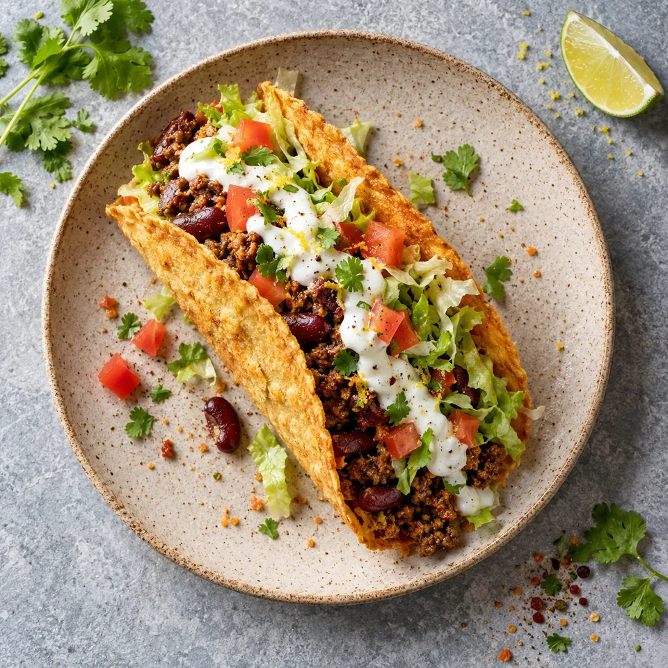 Tacos croustillants au bœuf et haricots sur assiette grès beige, garnis de laitue, tomates et sauce yaourt.
