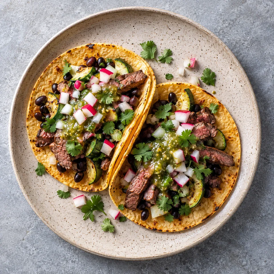 Tacos de bœuf grillé et galettes de maïs sur assiette beige, garnis de légumes frais et coriandre.