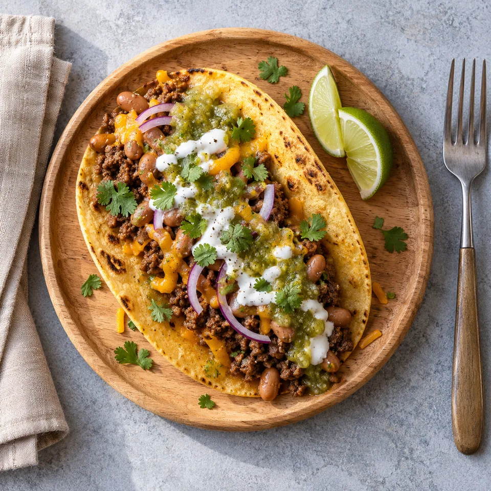 Taco de bœuf, haricots pinto et salsa verte servi sur une planche en bois, garni de coriandre et cheddar.