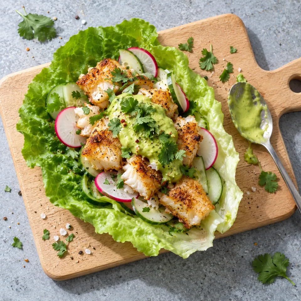 Tacos de cabillaud en feuilles de laitue : poisson doré, avocat vert et légumes croquants sur une planche en bois.