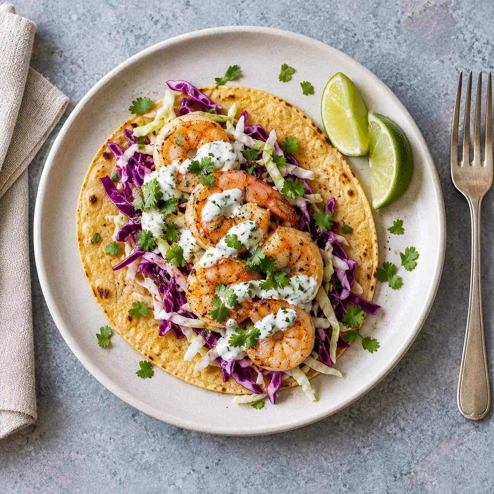 Tacos de crevettes au chou croquant : tortilla garnie de choux rouge et blanc, crevettes roses, sauce yaourt et coriandre.