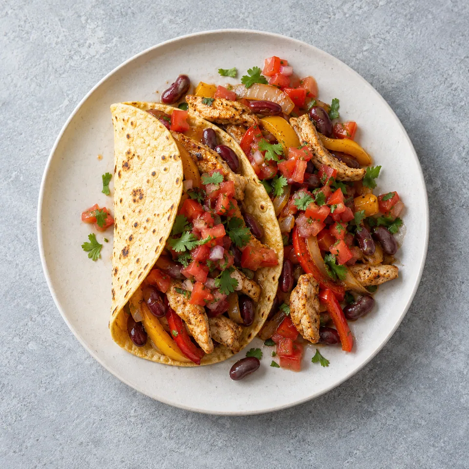 Tacos de dinde aux poivrons : une tortilla garnie, haricots rouges, salsa de tomates et coriandre, poêlée servie à côté.