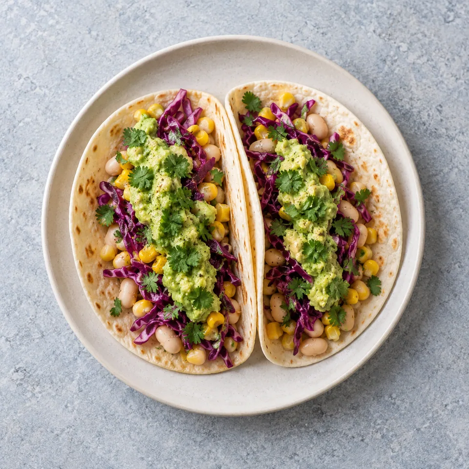 Tacos de haricots blancs au chou rouge : deux tortillas garnies de haricots, chou rouge, maïs, avocat et coriandre.