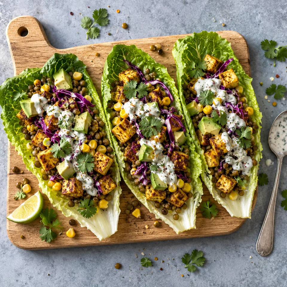 Tacos de laitue aux lentilles épicées sur planche en bois, garni de lentilles dorées, tofu, avocat et sauce blanche.