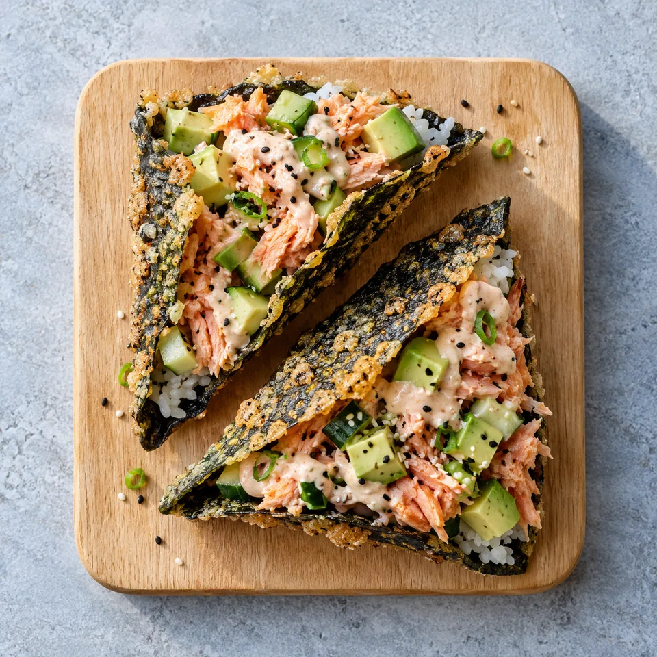 Tacos de nori croustillants au saumon et avocat sur planche en bois, garnis de riz, avocat et sauce rosée.