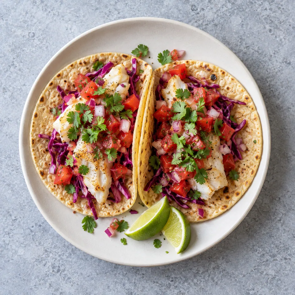 Tacos de poisson, chou rouge et salsa : deux tacos garnis de cabillaud, chou rouge, tomates, oignon rouge et coriandre.