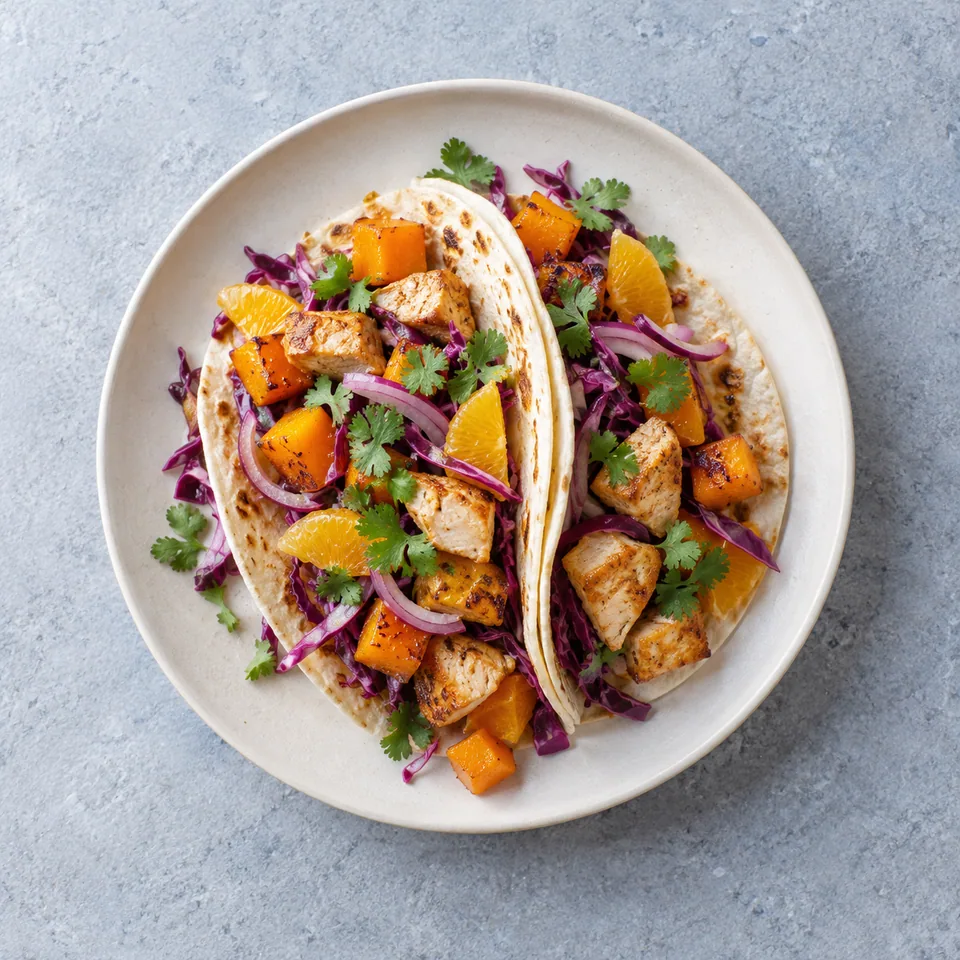 Tacos de poulet à la courge : deux tortillas garnies de poulet, courge dorée, chou rouge, orange et coriandre.
