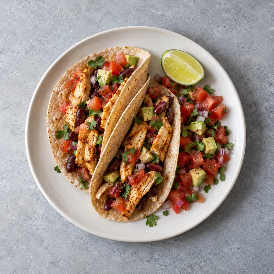 Tacos de poulet, haricots rouges et avocat : tortillas garnies, salsa de tomates, oignon rouge et coriandre à côté, vus de dessus.