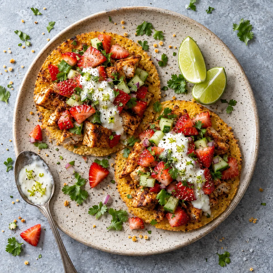 Tacos de poulet sur galettes de maïs : polenta dorée, poulet épicé, salsa fraise-concombre et yaourt.