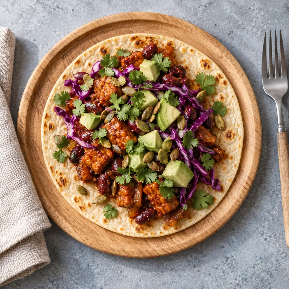 Tacos de tempeh chipotle sur planche en bois : tortilla garnie de tempeh, haricots, chou rouge, avocat et graines de courge.