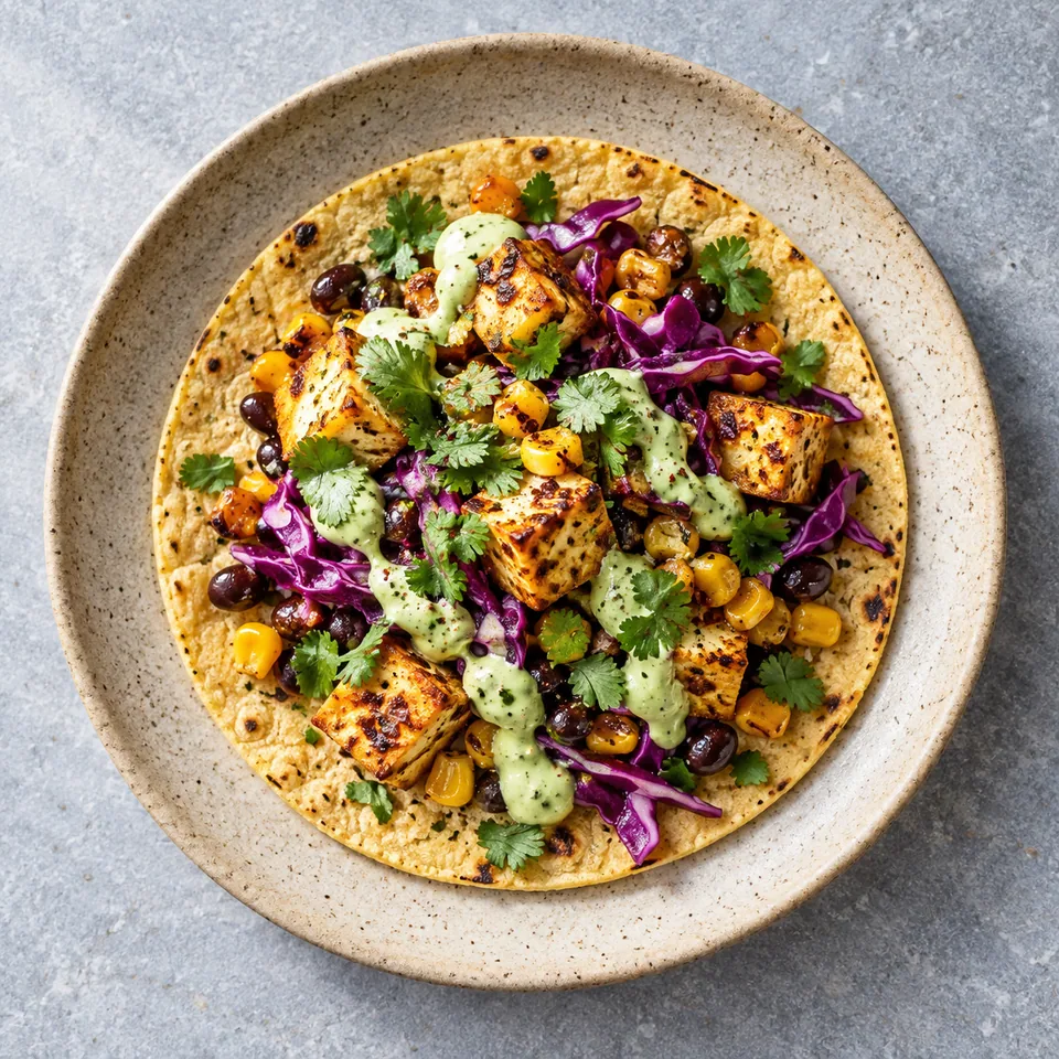 Tacos de tofu grillé, maïs et chou rouge sur tortilla de maïs, sauce yaourt coriandre, haricots noirs et chou rouge sur assiette beige.