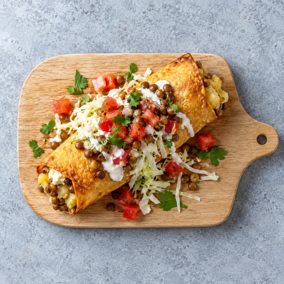 Tacos dorado aux pommes de terre et lentilles sur planche en bois, garni de salsa tomate-chou.