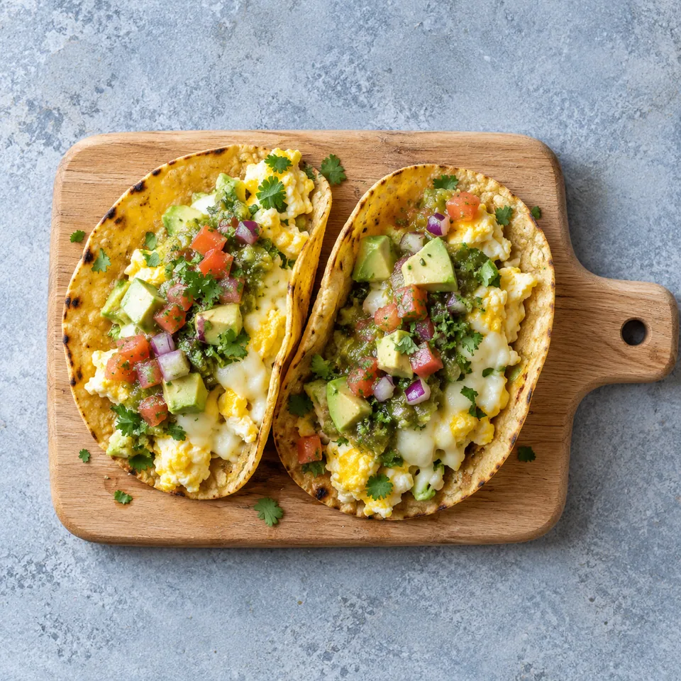 Tacos du matin aux œufs et salsa verte sur planche en bois, garnis d'œufs brouillés et de salsa verte fraîche.