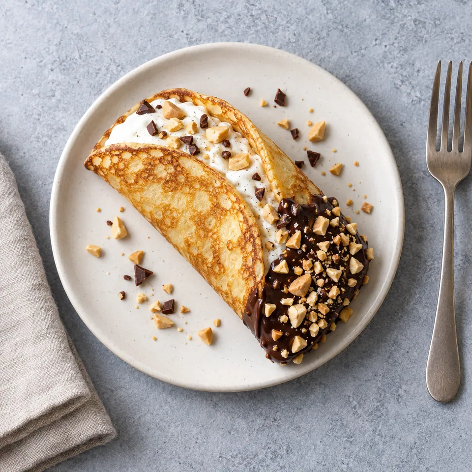 Taco glacé au skyr, chocolat et cacahuètes sur une assiette blanche, garni de cacahuètes.