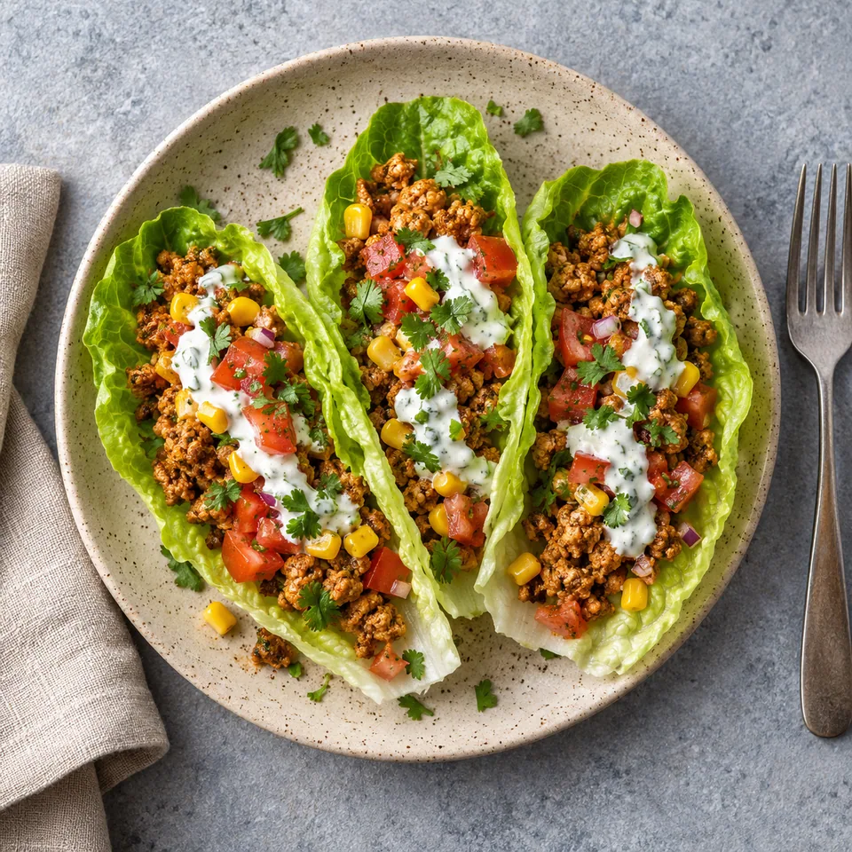 Tacos laitue à la dinde épicée : feuilles de laitue garnies de viande hachée, salsa tomate-maïs et sauce blanche onctueuse sur assiette beige.