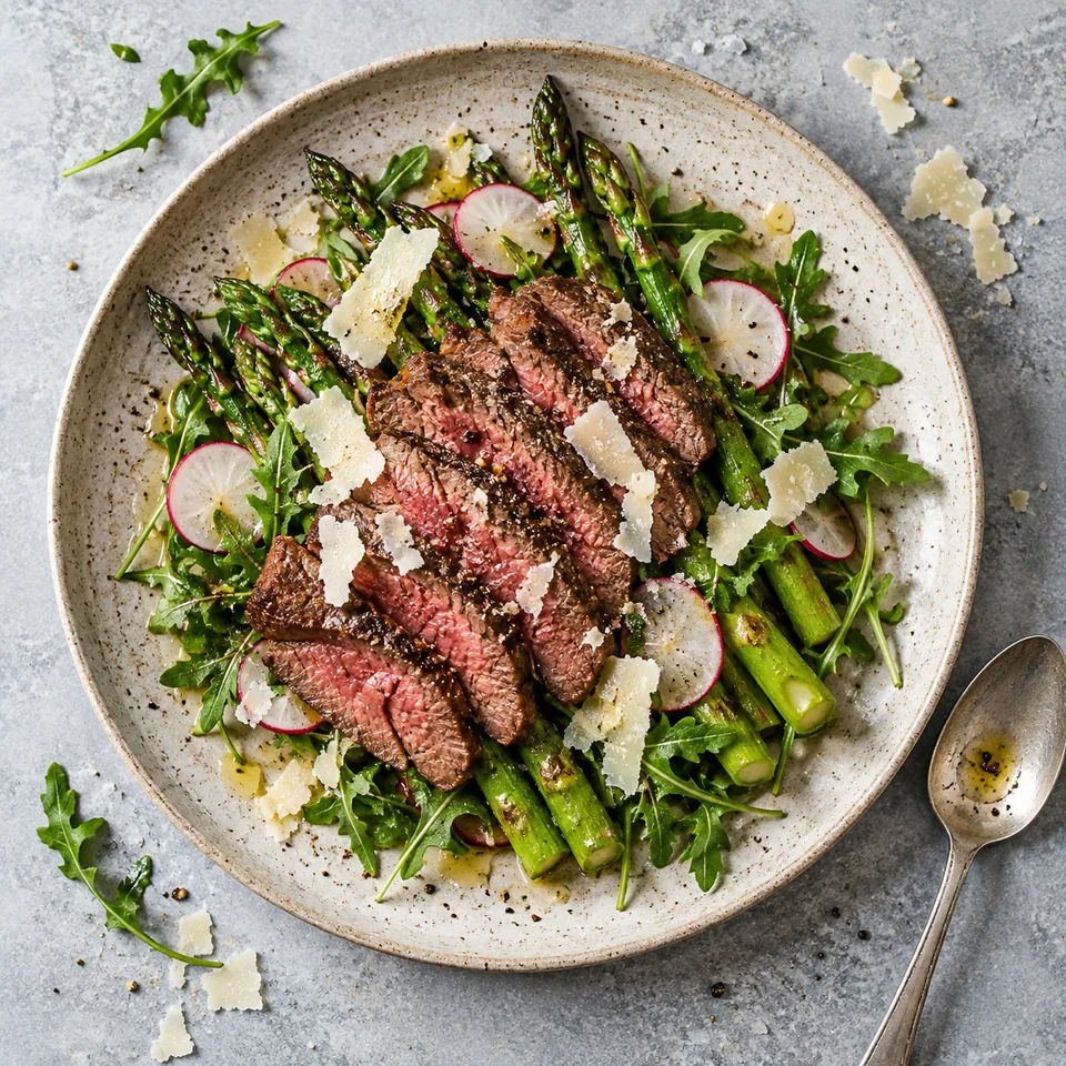 Tagliata de bœuf, asperges et parmesan : bœuf tranché, asperges vertes, roquette, radis et copeaux de parmesan sur assiette beige.