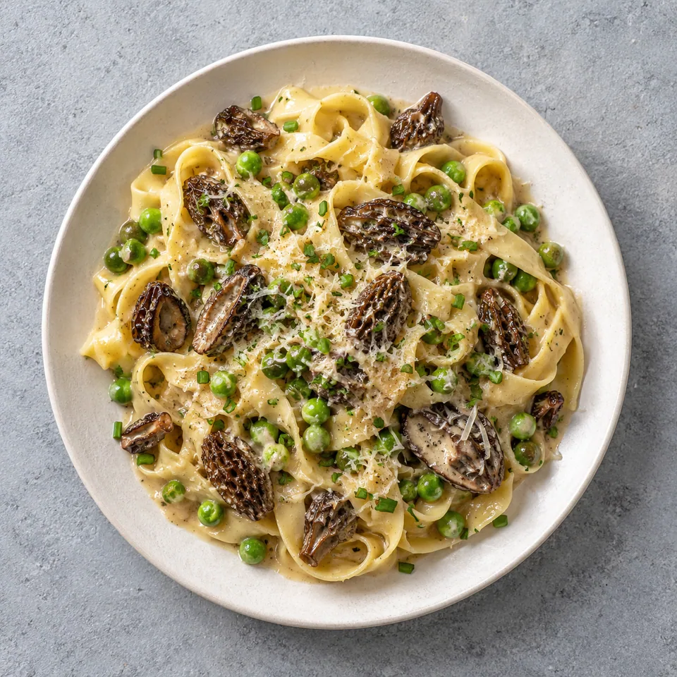 Assiette de tagliatelles aux morilles et petits pois, sauce crémeuse, fromage fondu et ciboulette.