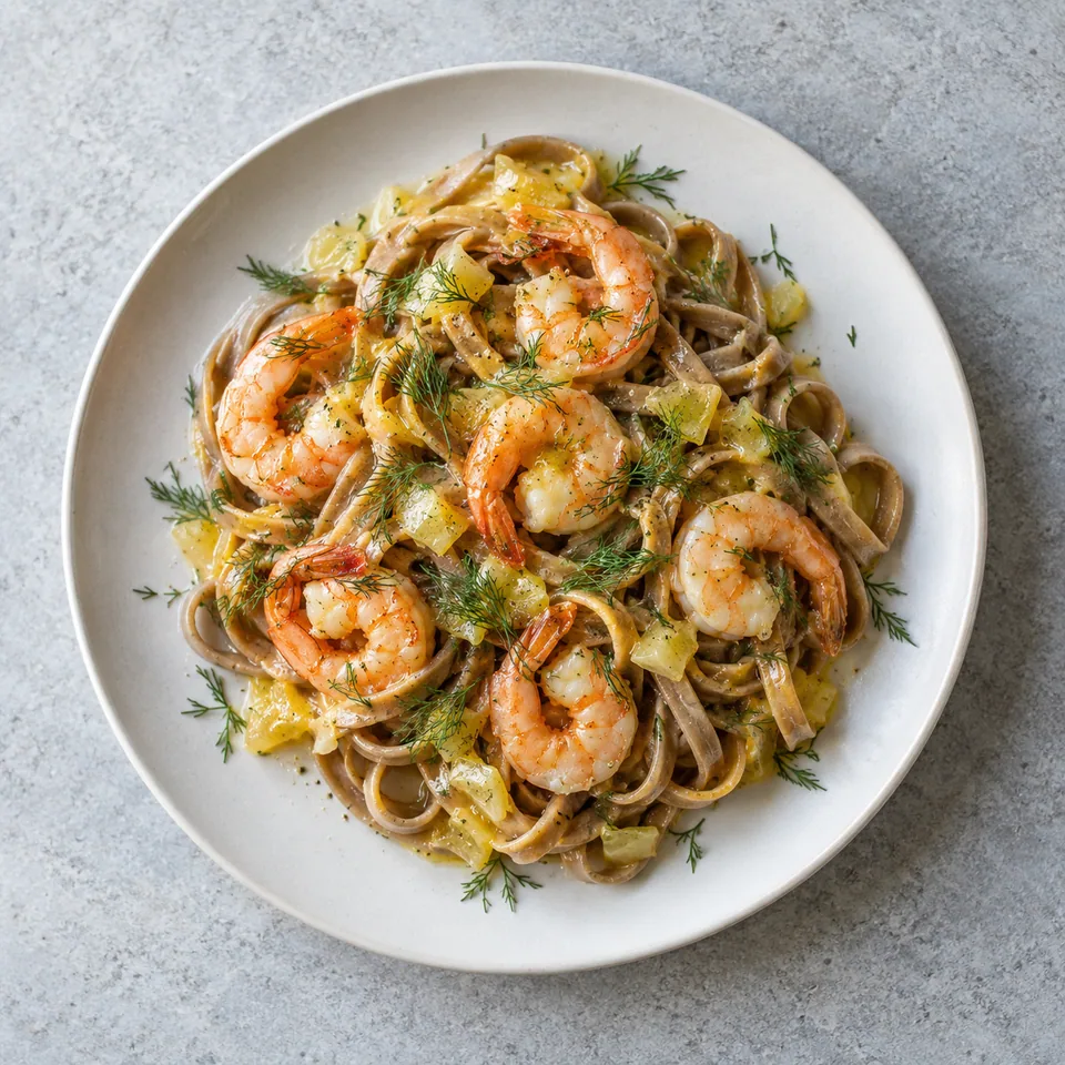 Tagliatelles de crevettes au citron : pâtes complètes, crevettes roses et dés de citron confit, parsemés d'aneth vert sur une assiette blanche.