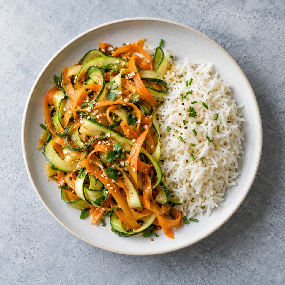 Tagliatelles de légumes au riz : riz blanc, courgette et carotte en fines lamelles nappées de sauce soja.