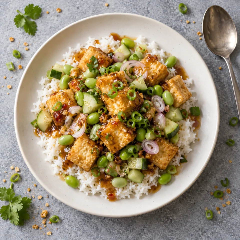 Tahu gejrot : portion de riz, tofu doré, edamames et concombre nappés de sauce aigre-douce sur assiette blanche.