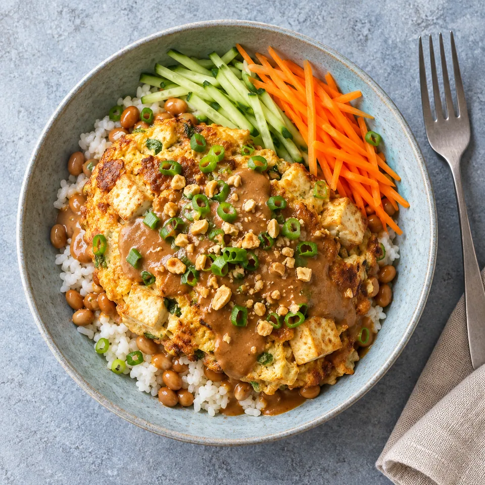 Tahu telur : omelette tofu-cacahuète dorée sur riz, fèves de soja, légumes croquants et sauce nappée.