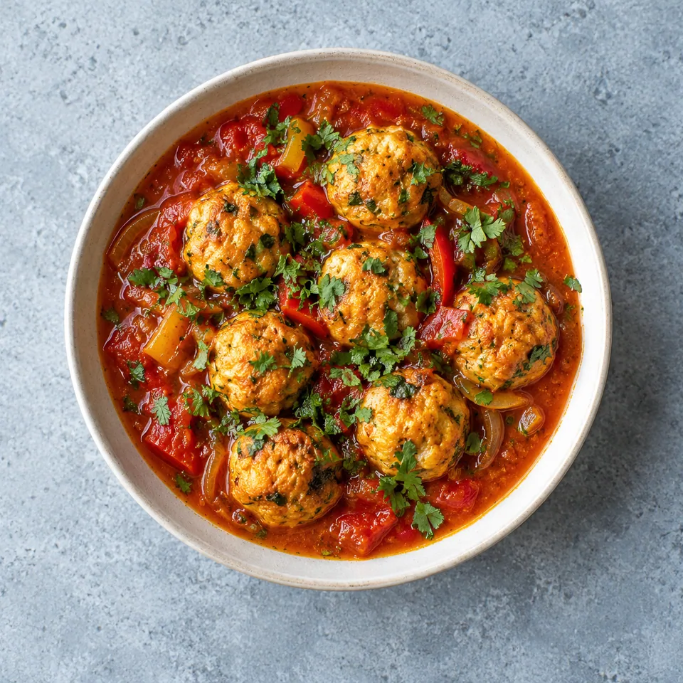 Tajine de boulettes de poisson : boulettes dorées dans sauce tomate rouge, parsemées de coriandre fraîche verte, servi en portion sur assiette.