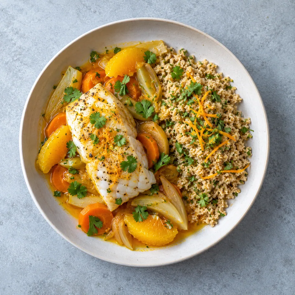 Tajine de cabillaud aux agrumes : poisson blanc sur carottes, fenouil et orange, avec semoule complète et coriandre.