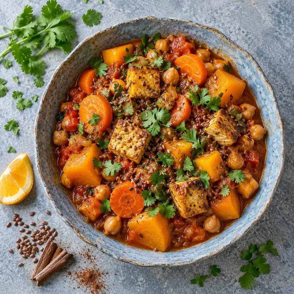 Tajine de pois chiches, courge et carottes à la cannelle servi dans un bol en grès, garni de coriandre.