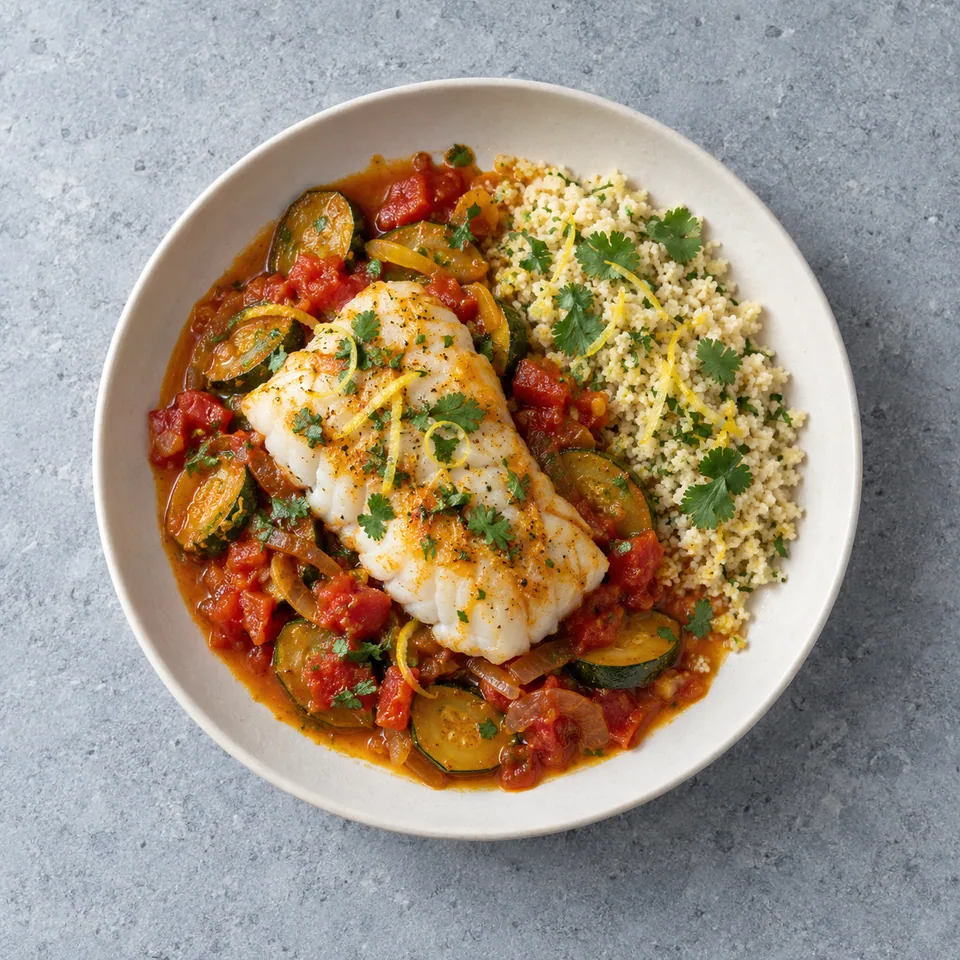 Tajine de poisson aux légumes : cabillaud sur courgettes et tomates, avec couscous, coriandre et zestes de citron.