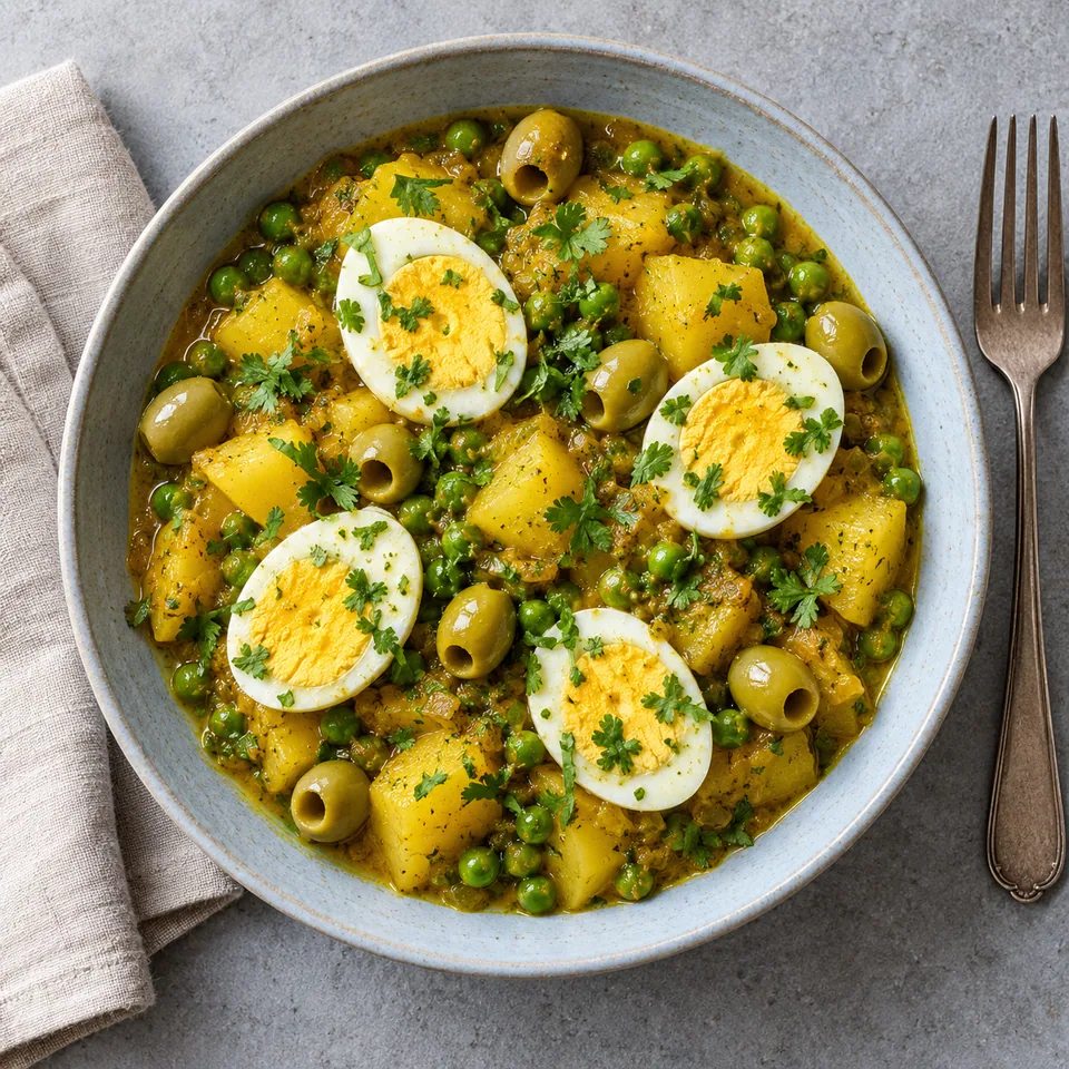 Tajine de pommes de terre, petits pois et œufs durs : dés de pommes de terre, petits pois verts, œufs durs coupés en deux, olives vertes et coriandre dans une assiette creuse bleu-gris.