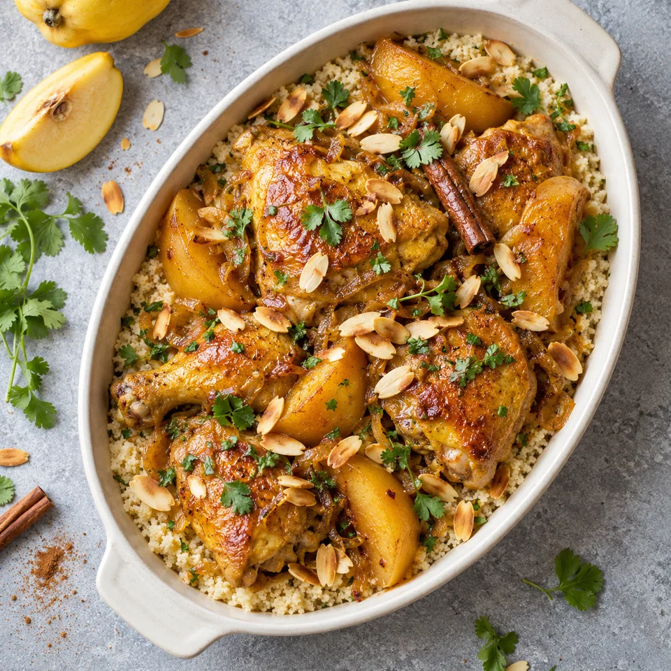 Tajine de poulet aux coings et à la cannelle : poulet doré, coings fondants, semoule, amandes grillées et coriandre dans un plat blanc.