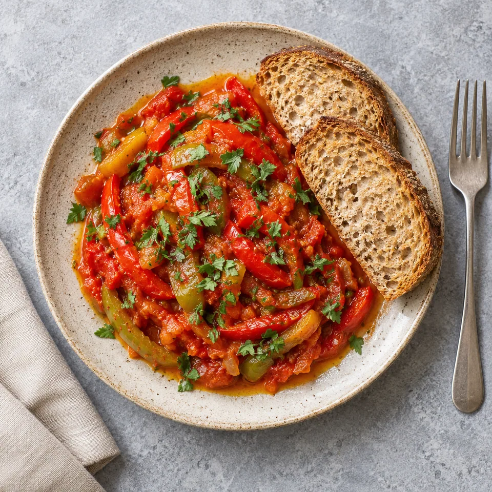 Taktouka aux poivrons et tomates servie avec du pain complet sur une assiette beige sable moucheté