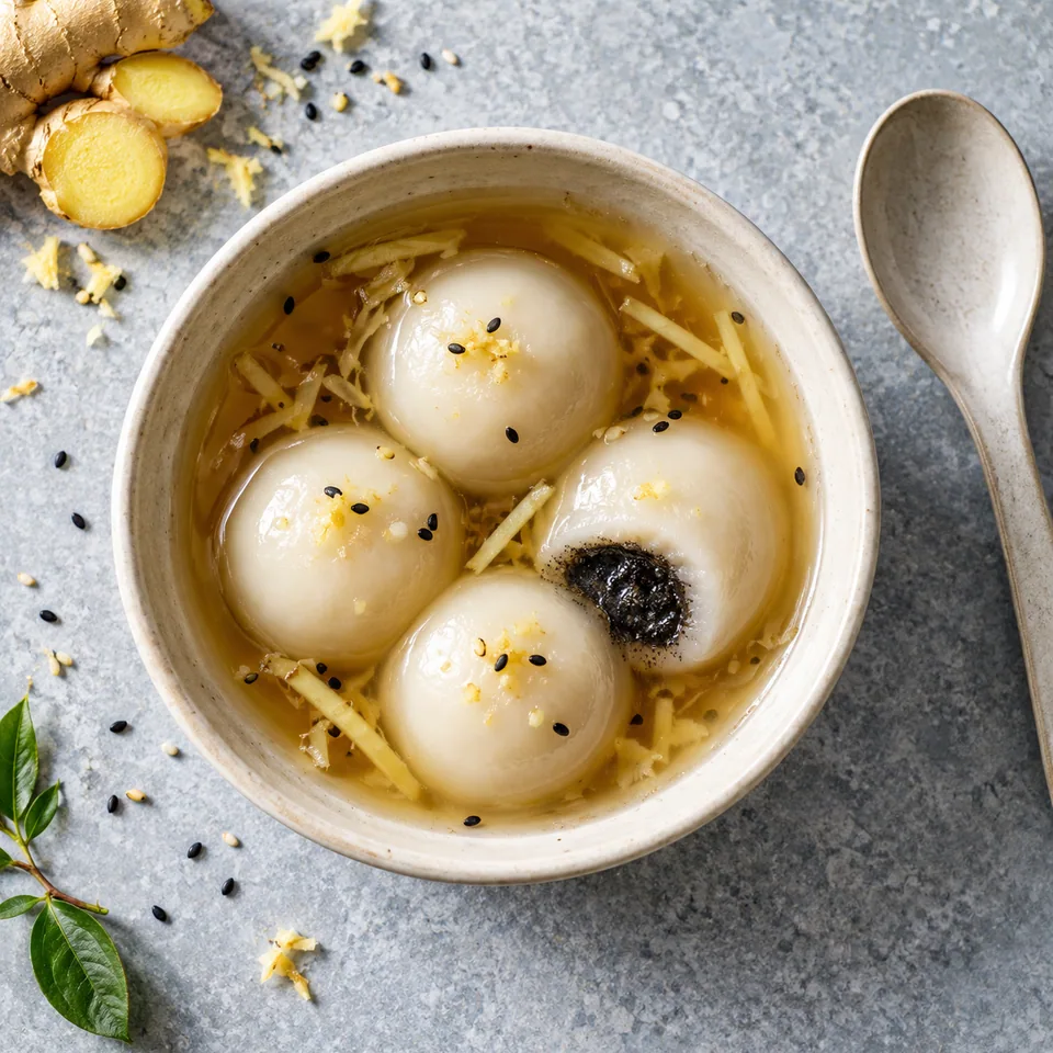 Tangyuan au sésame noir et gingembre : quatre boules blanches dans un bol blanc cassé avec du sirop.