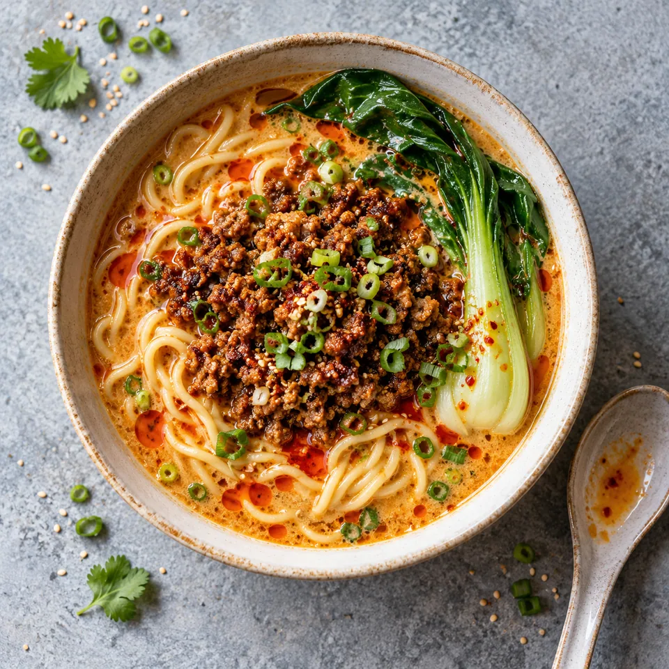 Tantanmen dans un bol crème : nouilles, pak choï, porc haché doré et bouillon sésame.